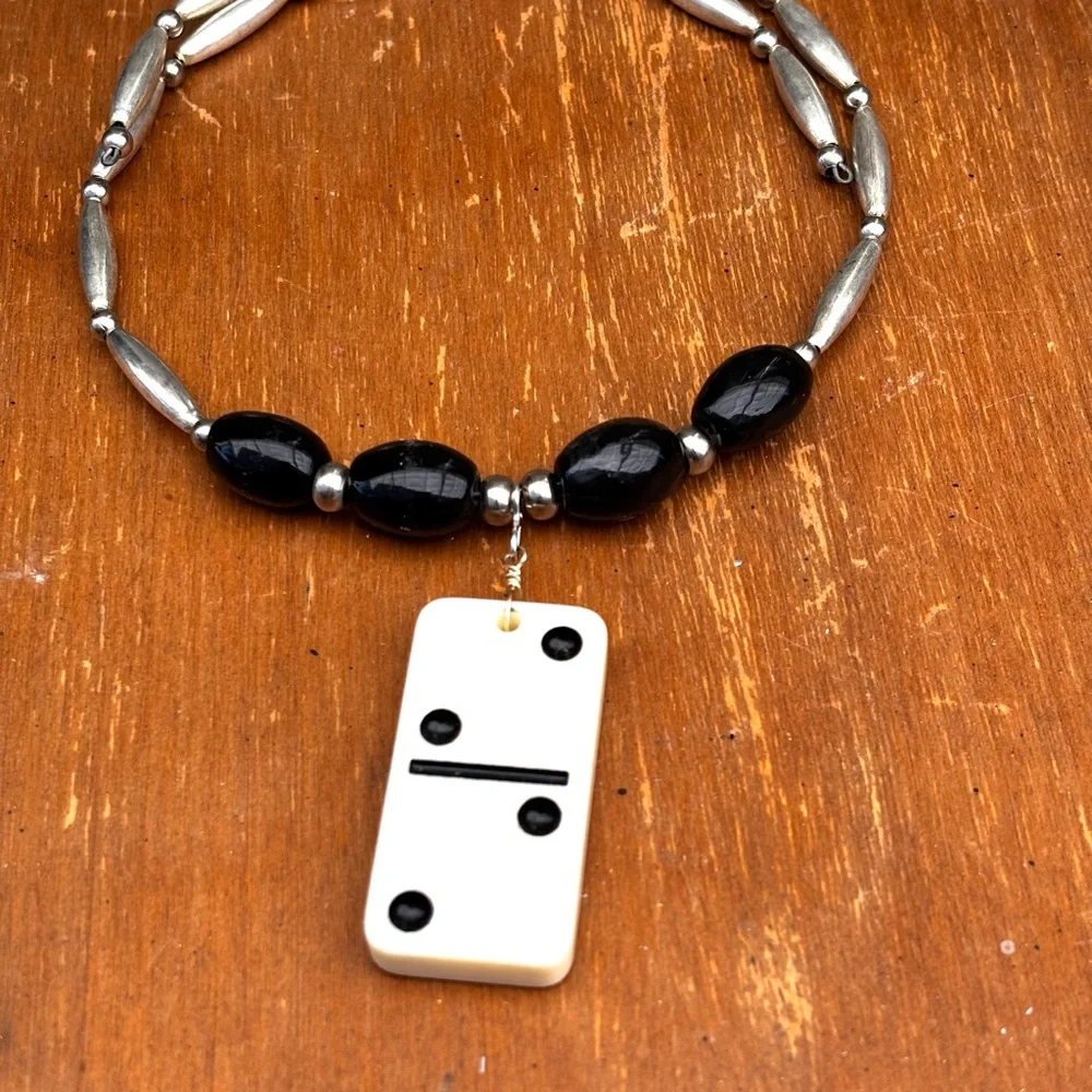 Handcrafted Black Bead Necklace with Domino Pendant
